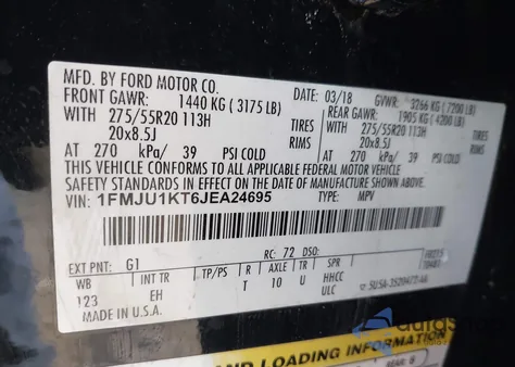 2018 Ford Expedition Limited from USA, damaged, VIN 1FMJU1KT6JEA24695